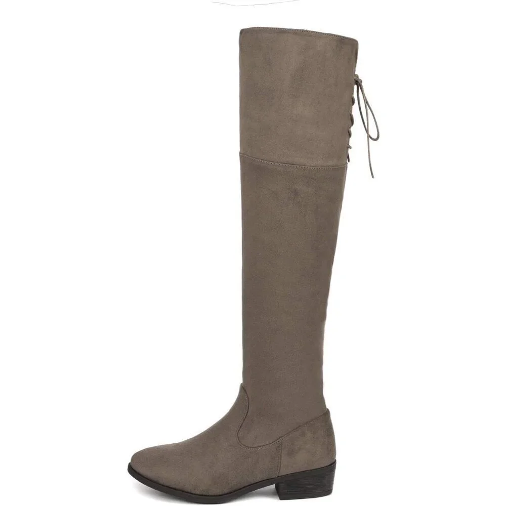 Women Khaki Textile Over The Knee High Low Block Heel Pointed Toe Riding Boot